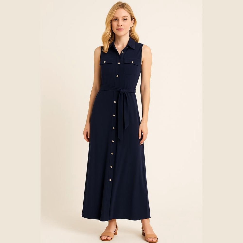 Chelsea Taylor Navy Gold Buttons Belted Maxi Dress Size  6 Capsule